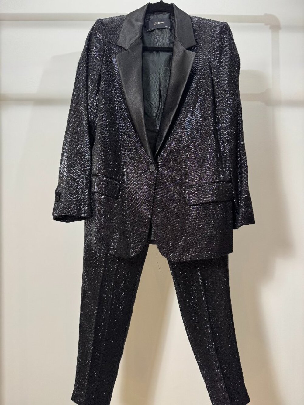 ZARA Metallic Black Satin Lapel Tuxedo Blazer Suit Set- XS / S